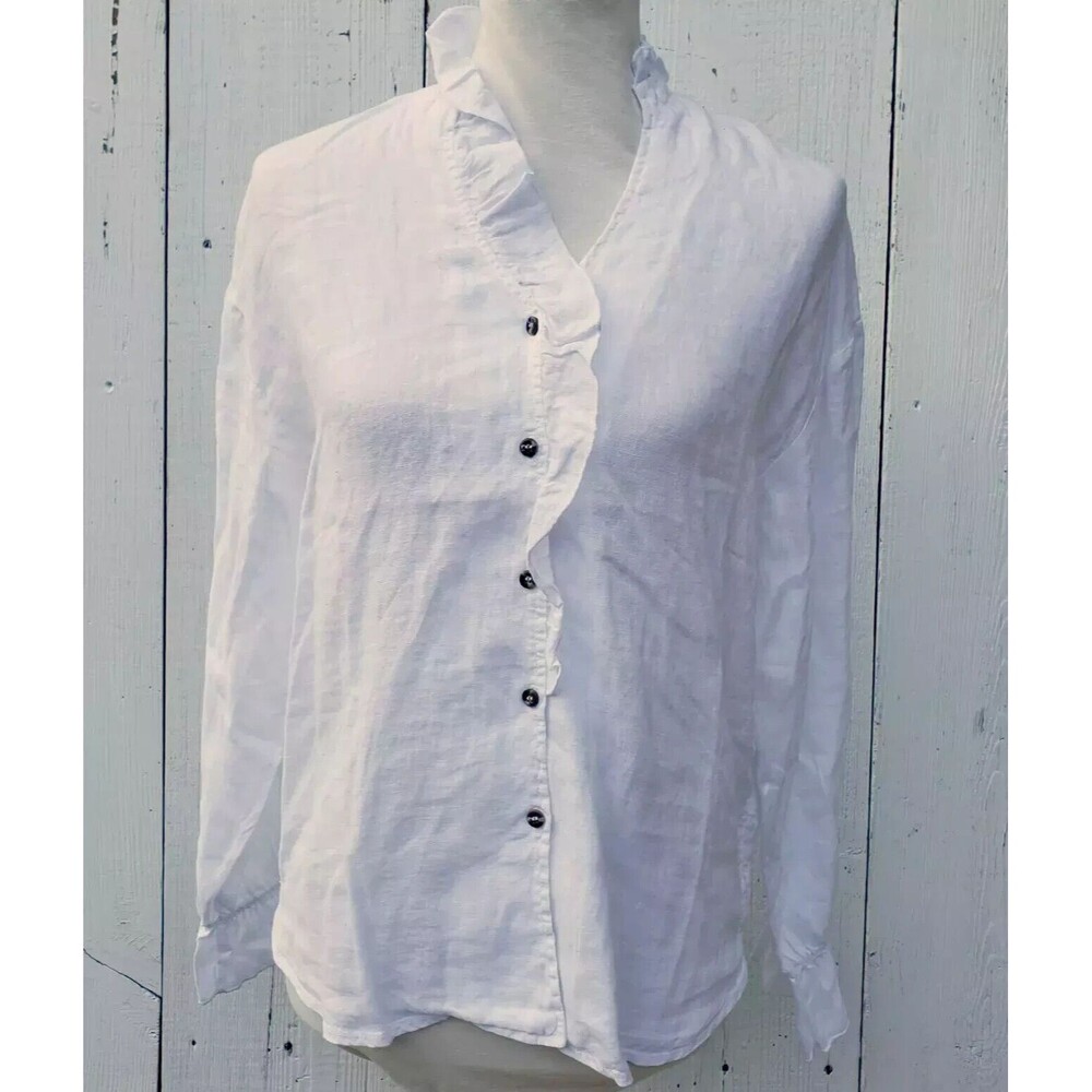 XCVI Women White Collared Long Sleeve 100% LINEN Ruffled Button Up Shirt Sz S